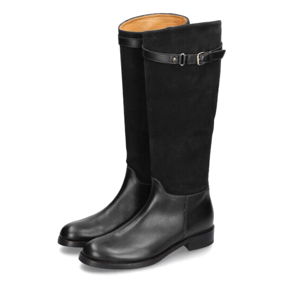 Black Patchwork Buckle Strap Round Toe Flat Knee High Boots for Women Nicepairs