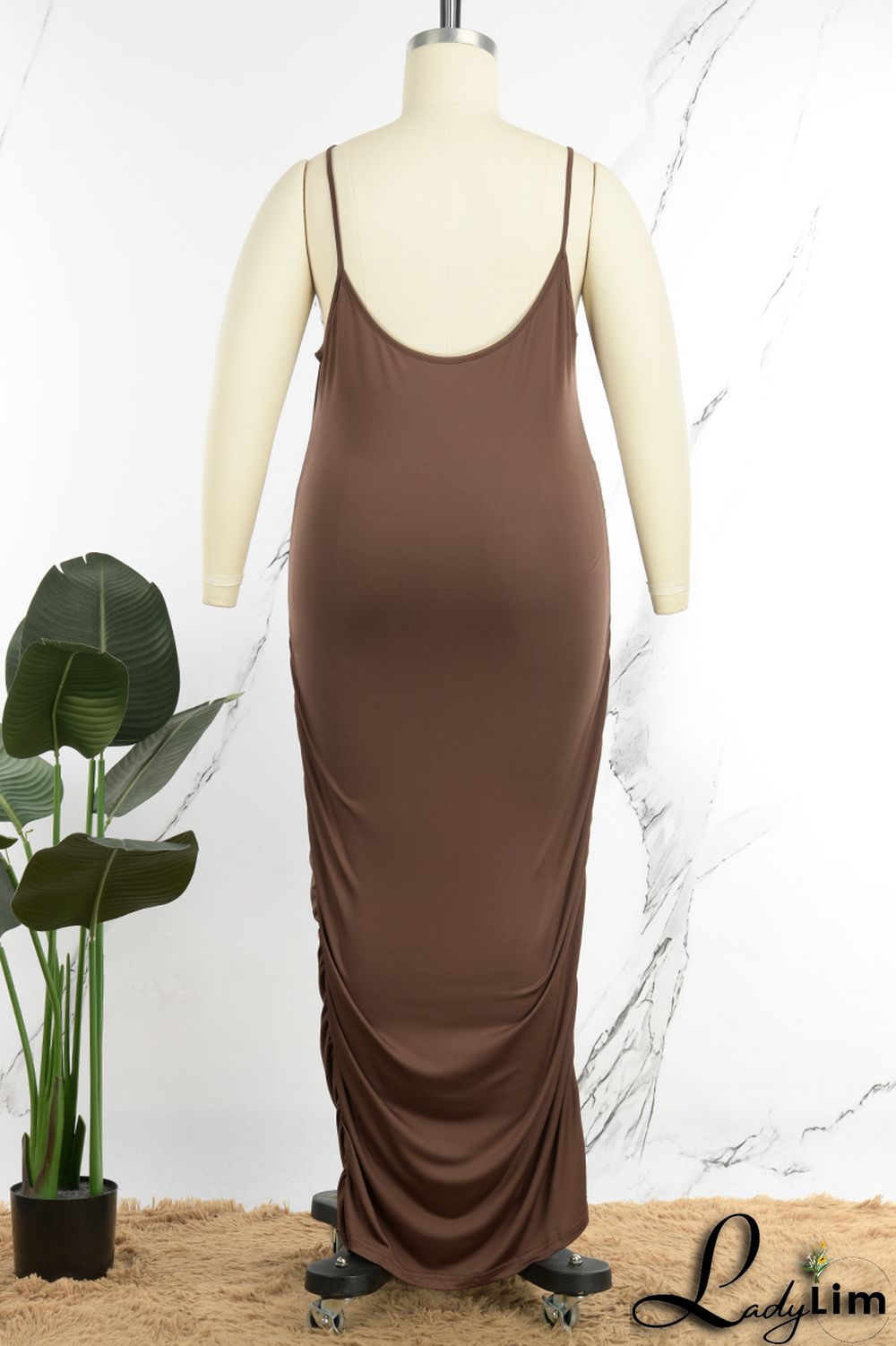 Dark Brown Sexy Solid Patchwork Spaghetti Strap One Step Skirt Plus Size Dresses