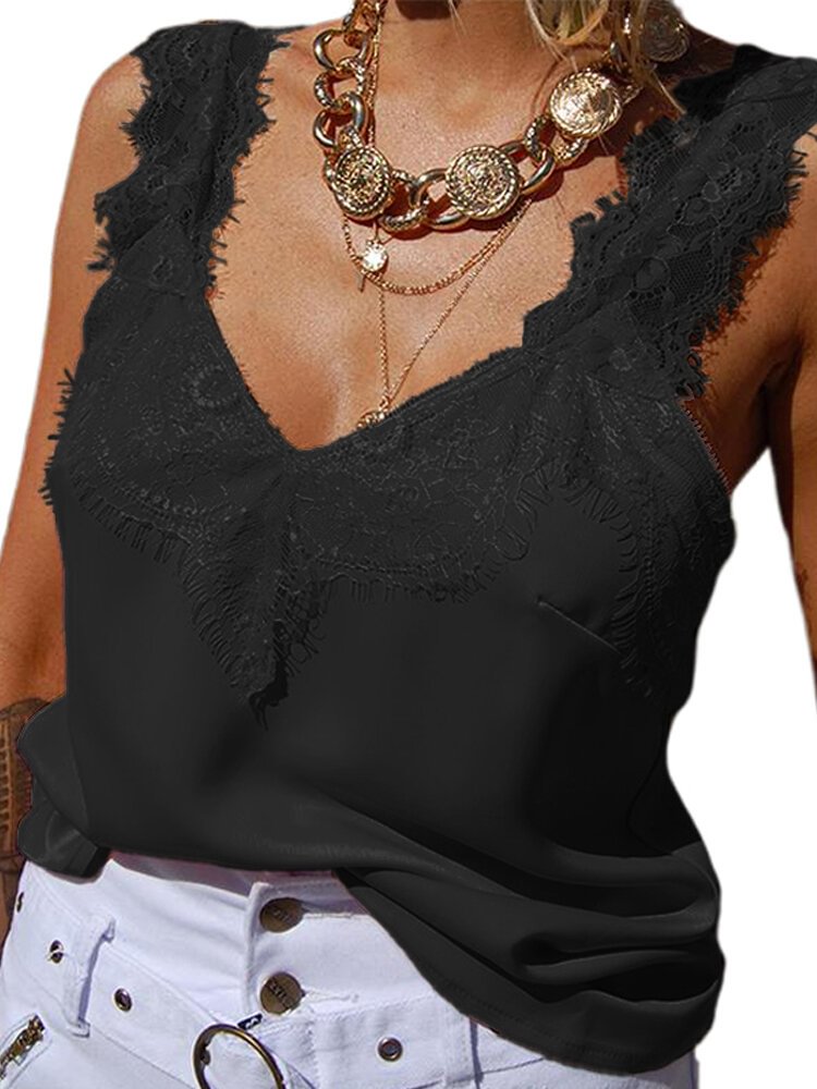 Sexy Lace V neck Sleeveless Overhead Tank Top P1479430