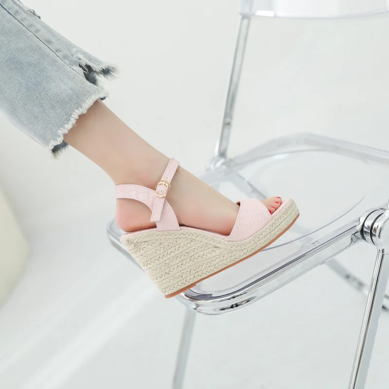 Wongn Wongn Summer Wedge Platform High Heel Sandals Straw Hemp Rope Large-Size Shoes
