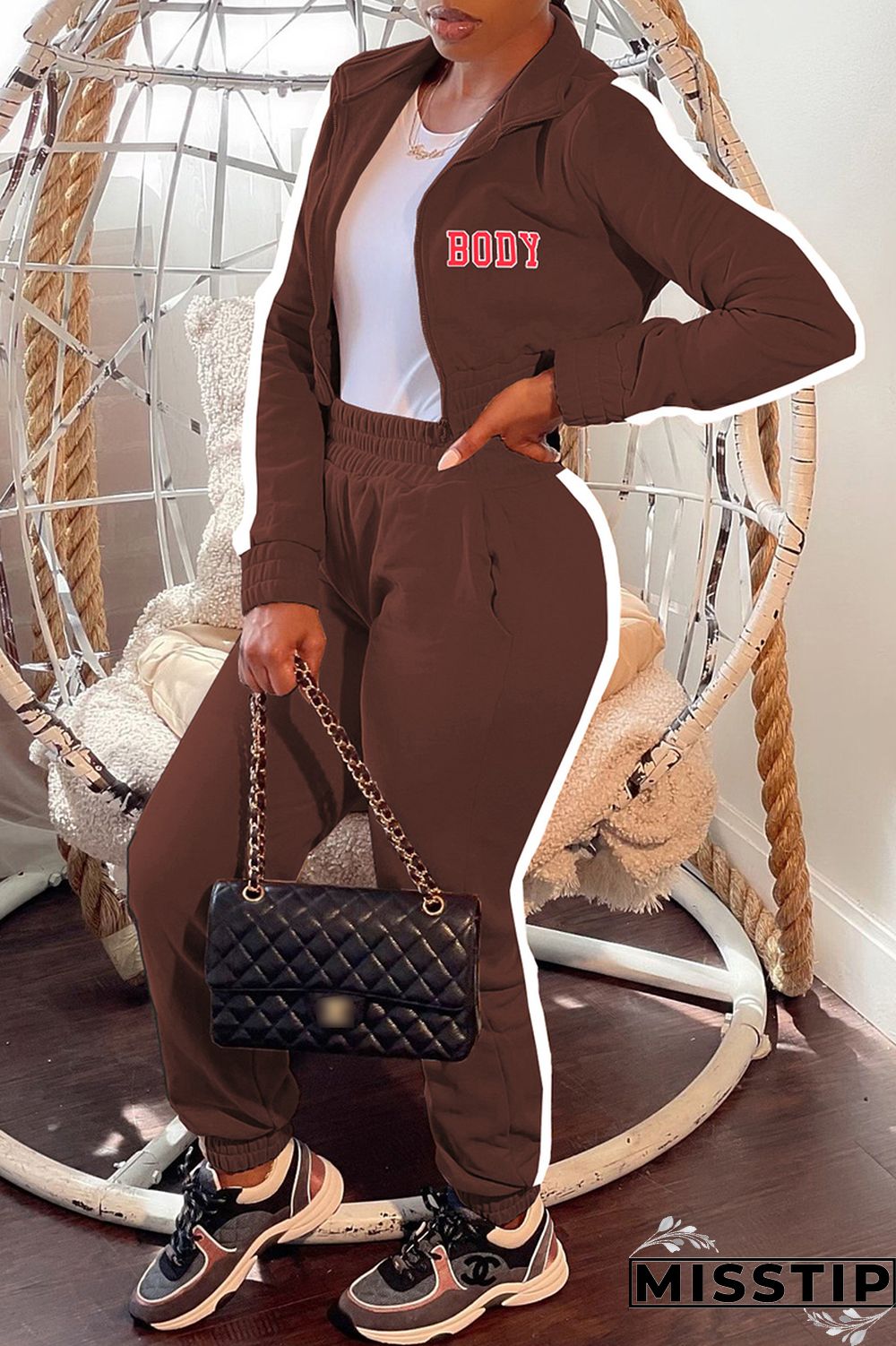 Blue Casual Letter Print Patchwork Zipper Collar Long Sleeve Two Pieces