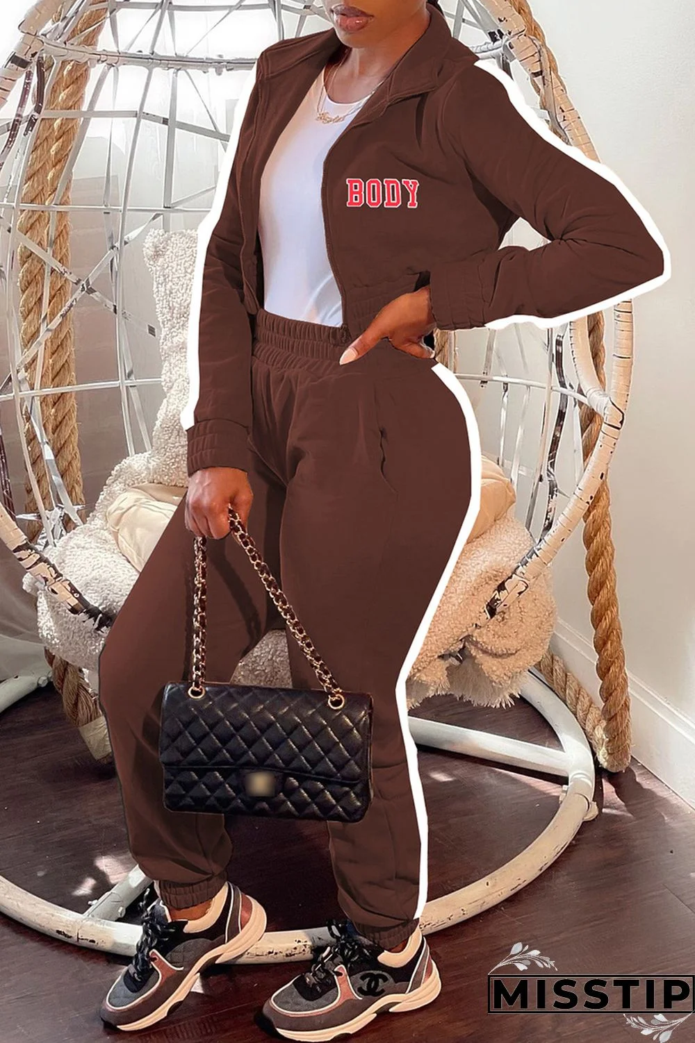 Blue Casual Letter Print Patchwork Zipper Collar Long Sleeve Two Pieces