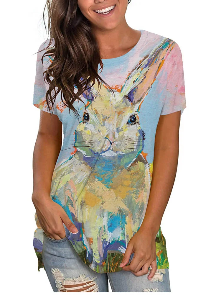 Easter Bunny Rabbit Graphic Funny Shirts Short Sleeve Tops-elleschic