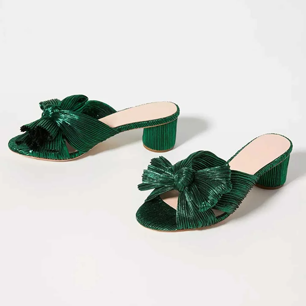Fresh Green Open Toe Wrinkled Women's Block Heeled Sandals with Bow