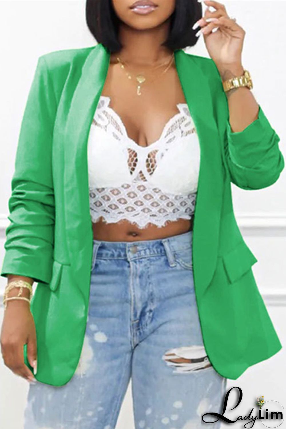 Green Fashion Casual Solid Patchwork Cardigan Turn-back Collar Outerwear