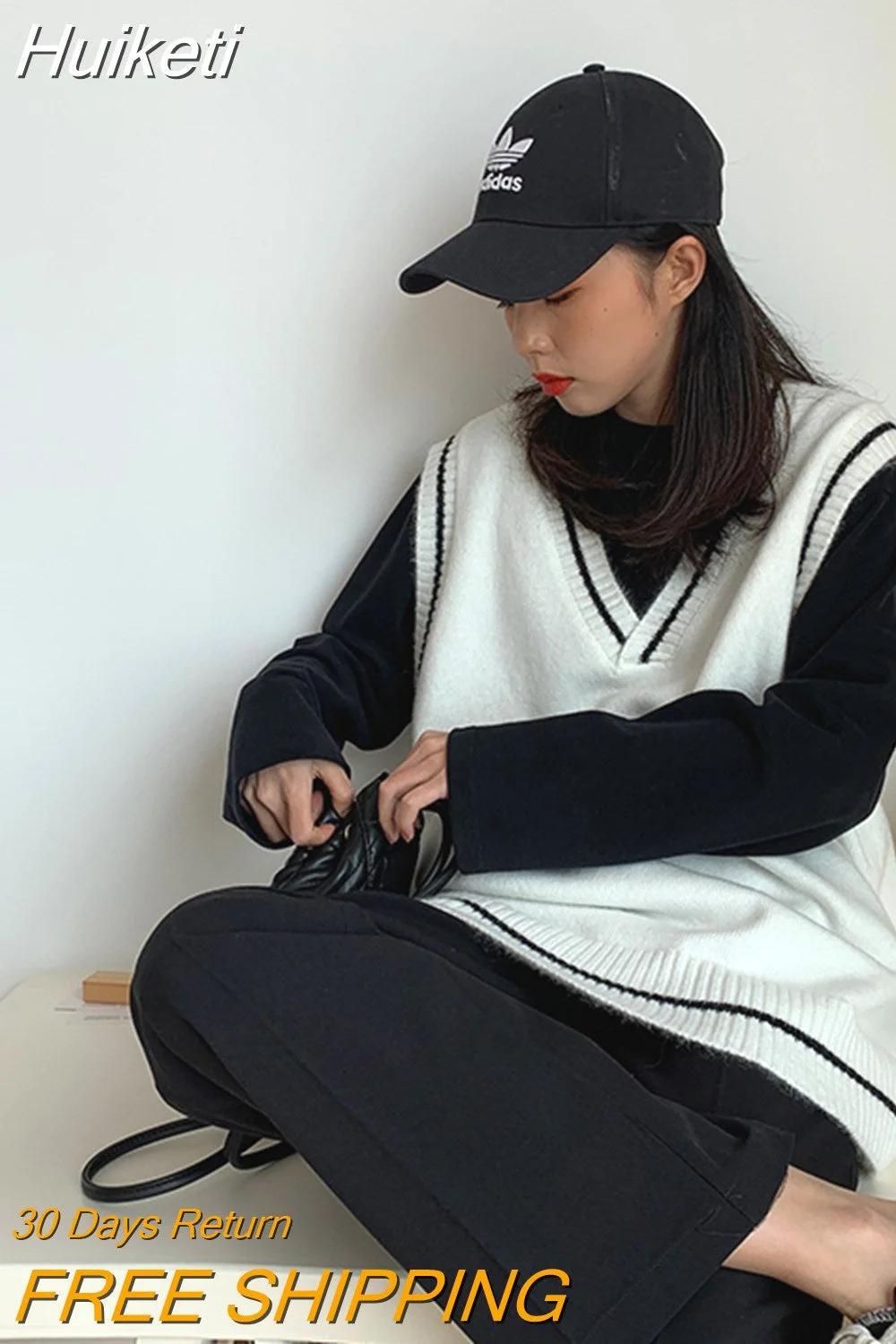 Huiketi Autumn Simple All Match Vest Women V Neck Black Knitted Sweater Sleeveless Student Tanks Korean Fashion White Waistcoat