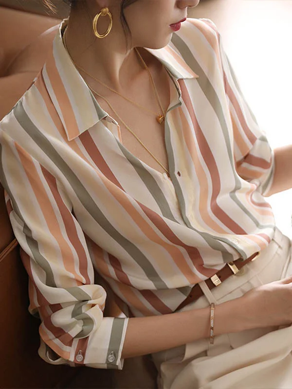 Multi-Colored Striped Long Sleeves Lapel Shirts Tops