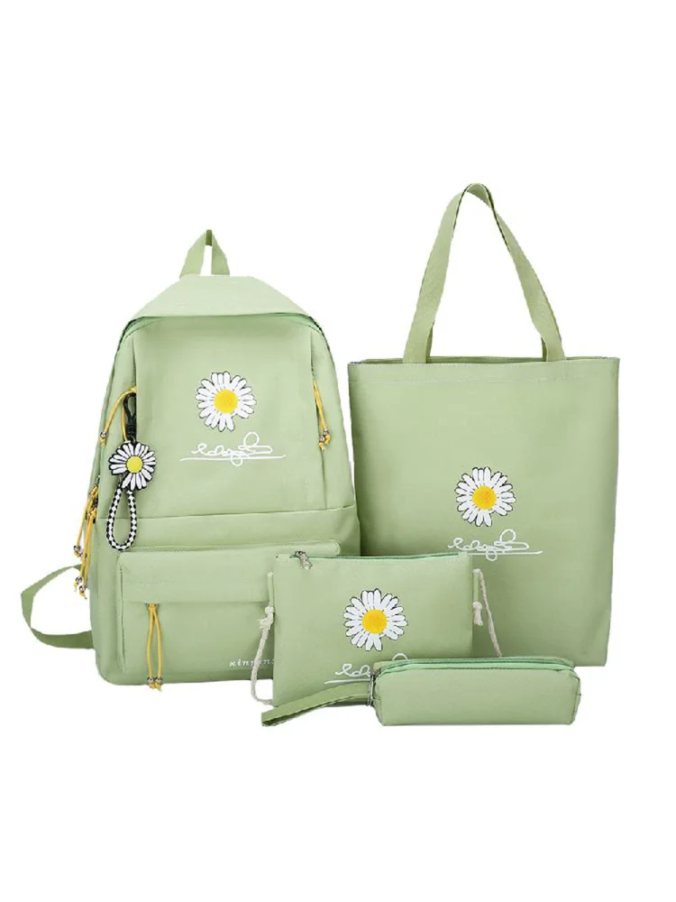 4pcs/Set Canvas Backpack Student Daisy Mochila Pen Clutch Bag (Light Green)