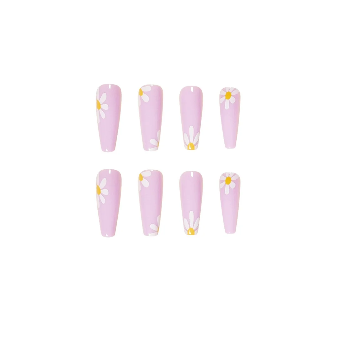 Acrylic Nail Tips Small Daisies Pattern Nail Patch Glue Long Ballerina False Nails Full Cover Coffin Fake Nails Press On Nails-Nail Inspo