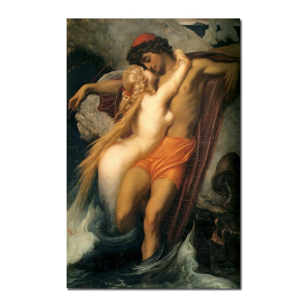 Cotton Tshirt wall art modern The Fisherman And The Syren Frederic Leighton Paintings Hand painted High quality t -shirt Tee