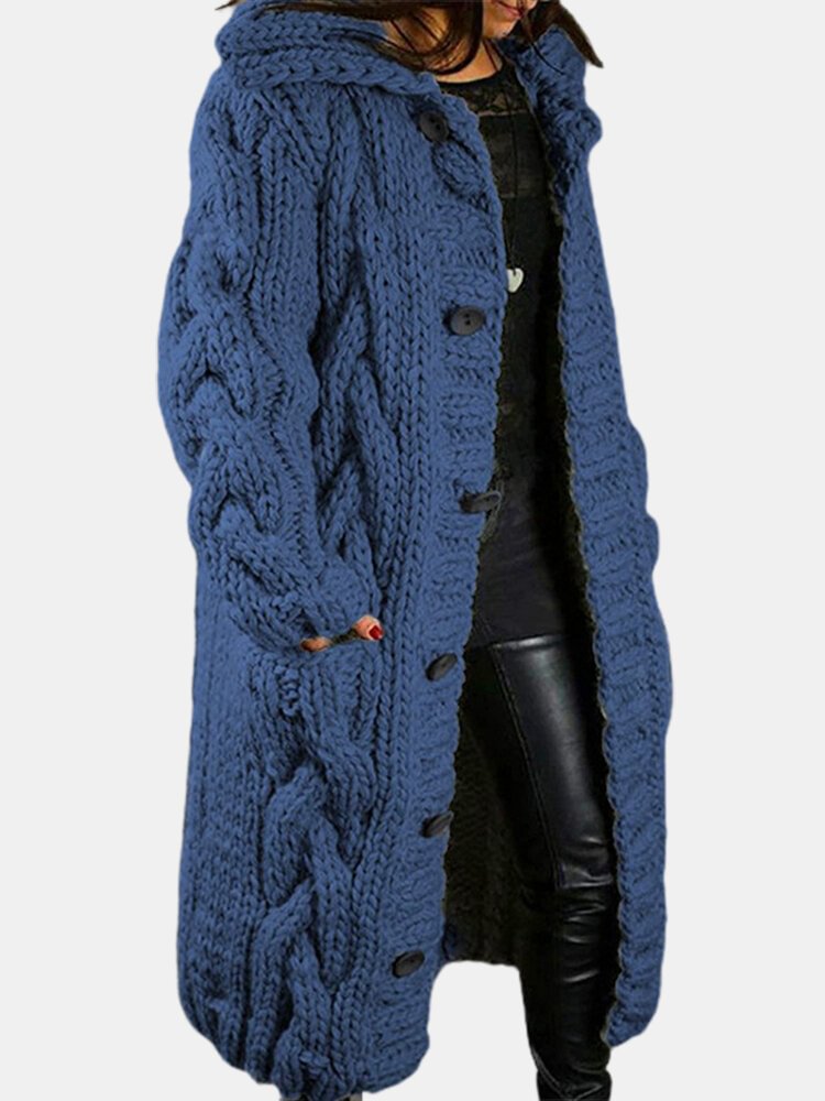 Women Solid Color Knitted Button Hooded Casual Cardigan With Pocket - BlackFridayBuys