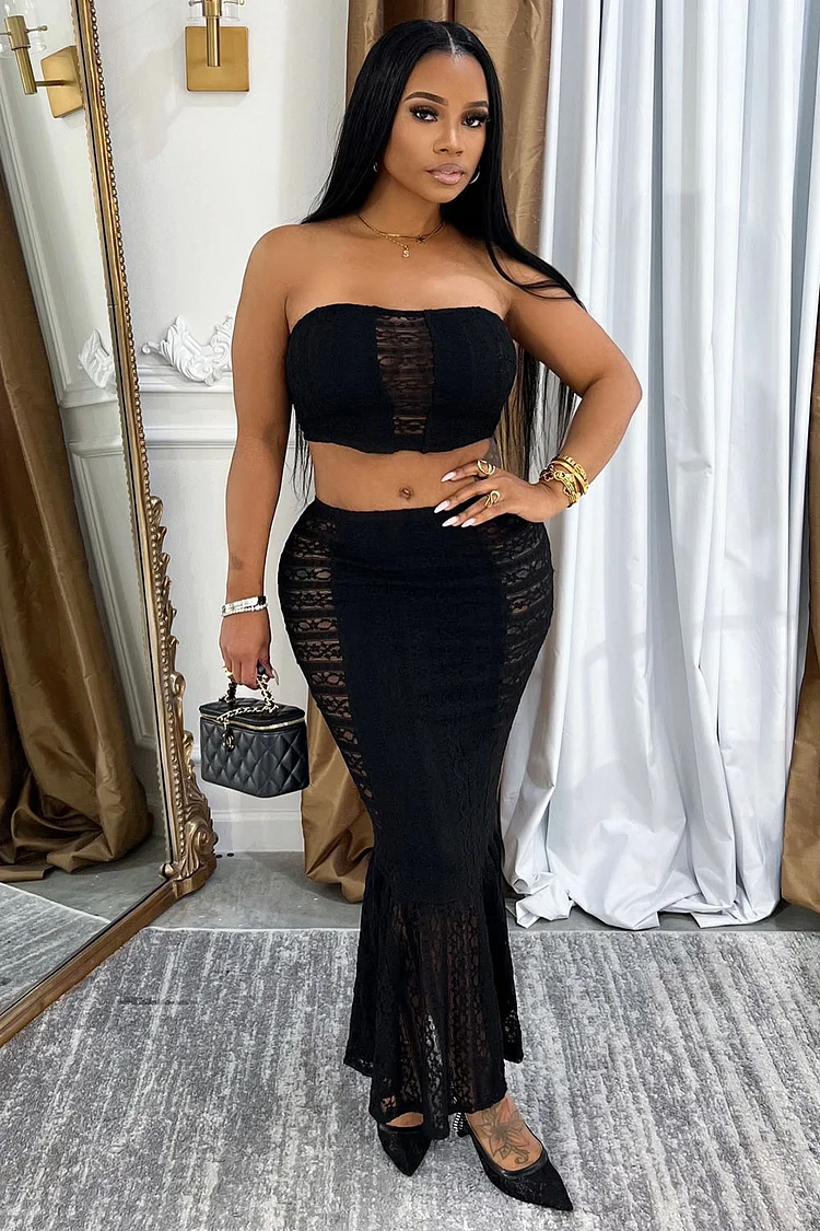 Lace Crop Tube Top Fishtail Maxi Skirt Party 2pcs Set-Black [Pre Order]