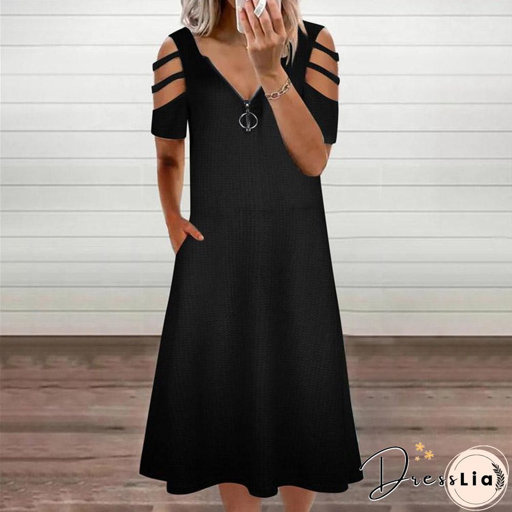 Hollow Zipper V-Necked Women Simple Dress