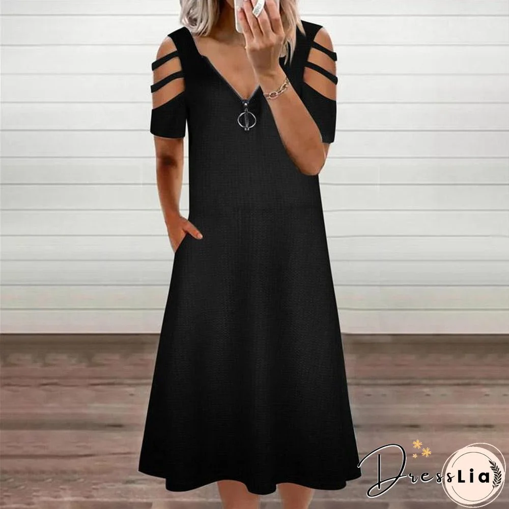 Hollow Zipper V-Necked Women Simple Dress