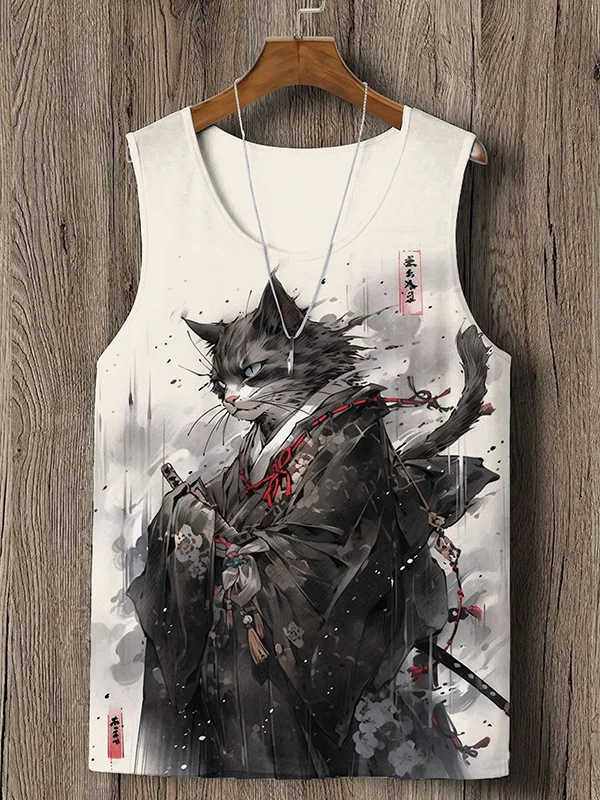 Men's Japanese Cat Kimono Samurai Ink Painting Print Casual Tank Top
