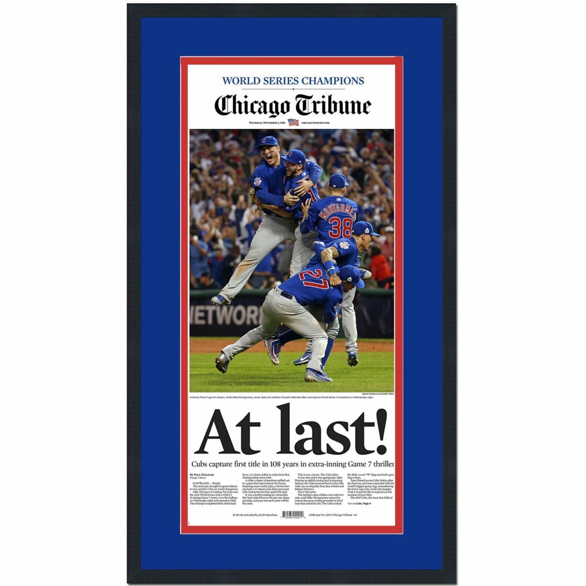 Framed Chicago Tribune At Last Cubs 2016 World Series Newspaper 17x27 Photo Poster painting