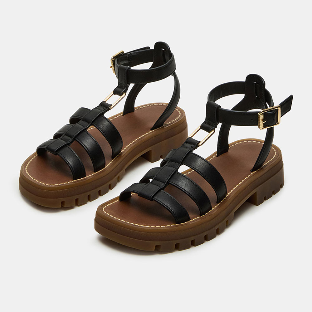 Black Vegan Leather Round Toe Platform Heel Sandals with Buckle Nicepairs