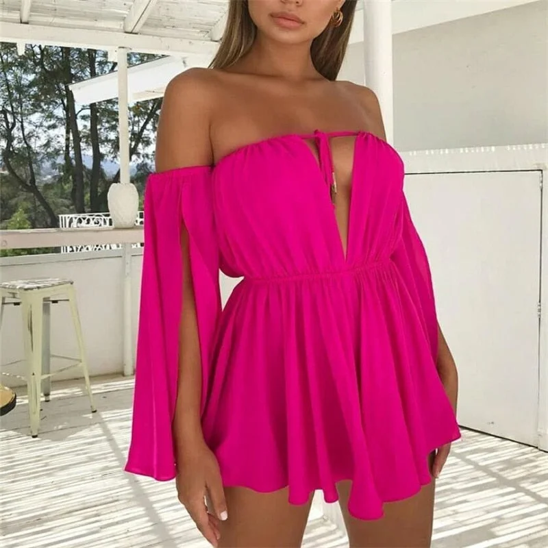 wsevypo Women Off-shoulder Halter Tie-up Dress Sexy Solid Long Slit Sleeve Mini Pleated Beach Dress Party Club Evening Wear