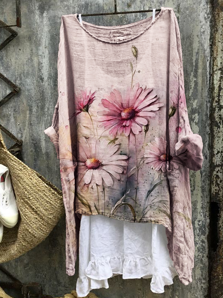 Comstylish Pink Daisies Watercolor Flowy Linen Blend Tunic