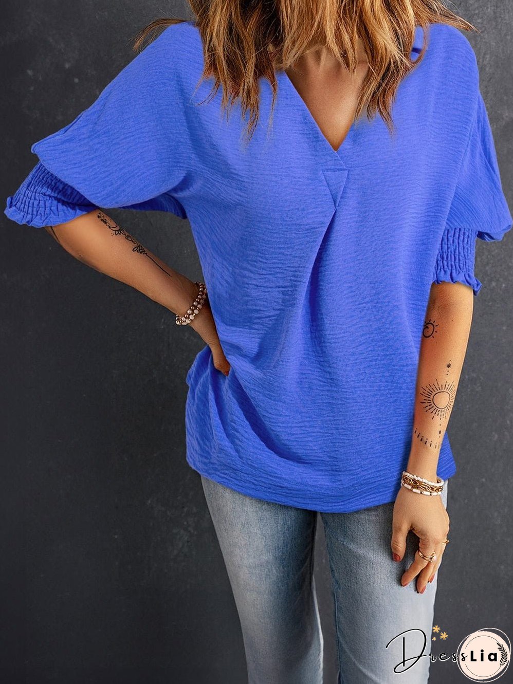 Navy Blue Collared Smocked Sleeve Cuffs Loose Fit Blouse