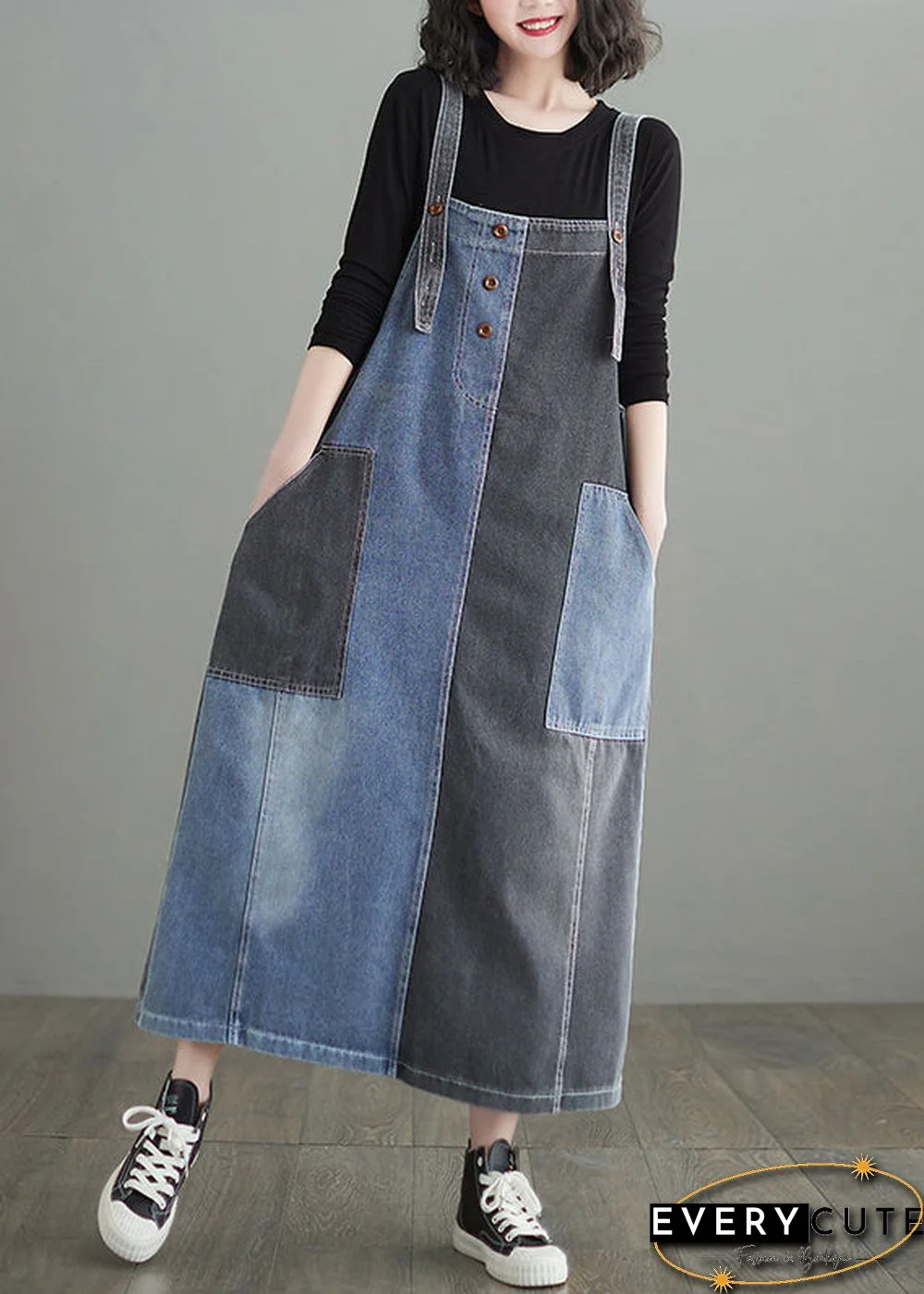 Modern Colorblock Oversized Patchwork Pockets Denim Strap Dress Summer