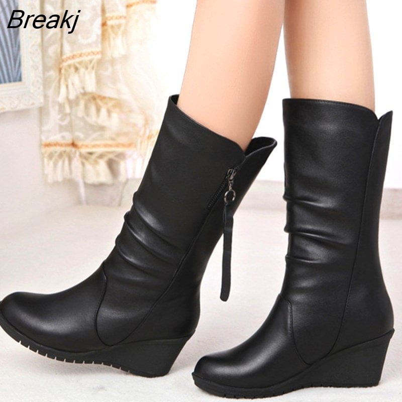 Breakj Women Boots 2023 Winter New Mid Calf Boots Fashion Zipper Wedge Platform Winter Boots Botas De Mujer Plus Size Women Shoes