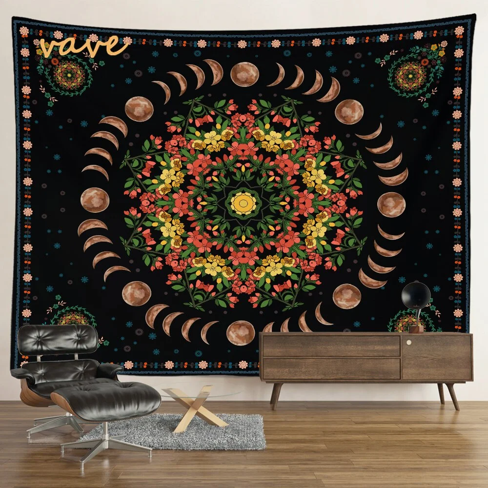 Nigikala Phase Tapestry Black and White Wall Hanging Boho Hippie Mandala Cloth Fabric Tapestry Flower Aesthetic Room Dorm Decor