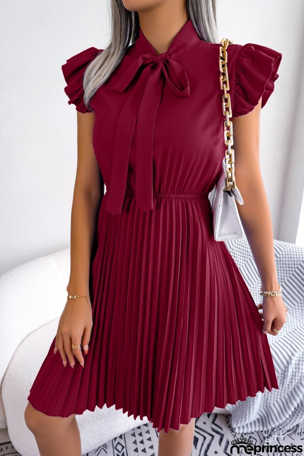 Tie Neck Butterfly Sleeve Pleated Dress