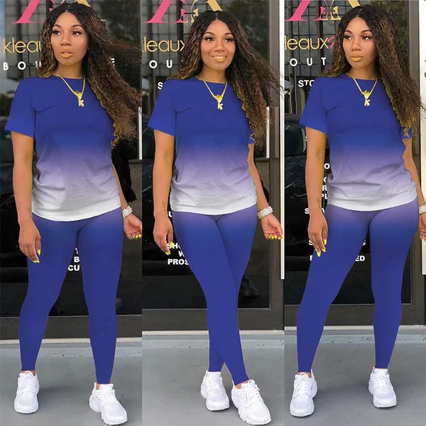 New Women's Fashion Gradient Short Sleeve Top and Pants Casual Sportswear Suit Two-piece Suit Plus Size