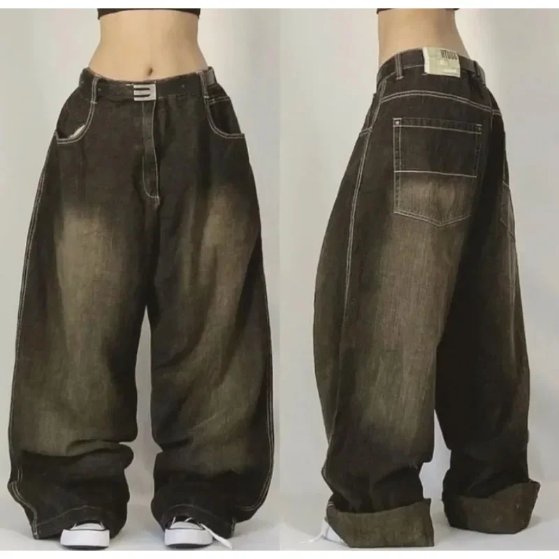 Aonga 2025 New American Trend Retro Hip-hop Embroidery Pattern Baggy Jeans For Men And Women Y2K Harajuku Gothic Wide Pants Streetwear aonga