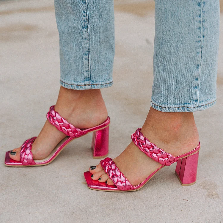 Glitter Pink Leather Opened Square Toe Double Strappy Mules With Chunky Heels |FSJ Shoes