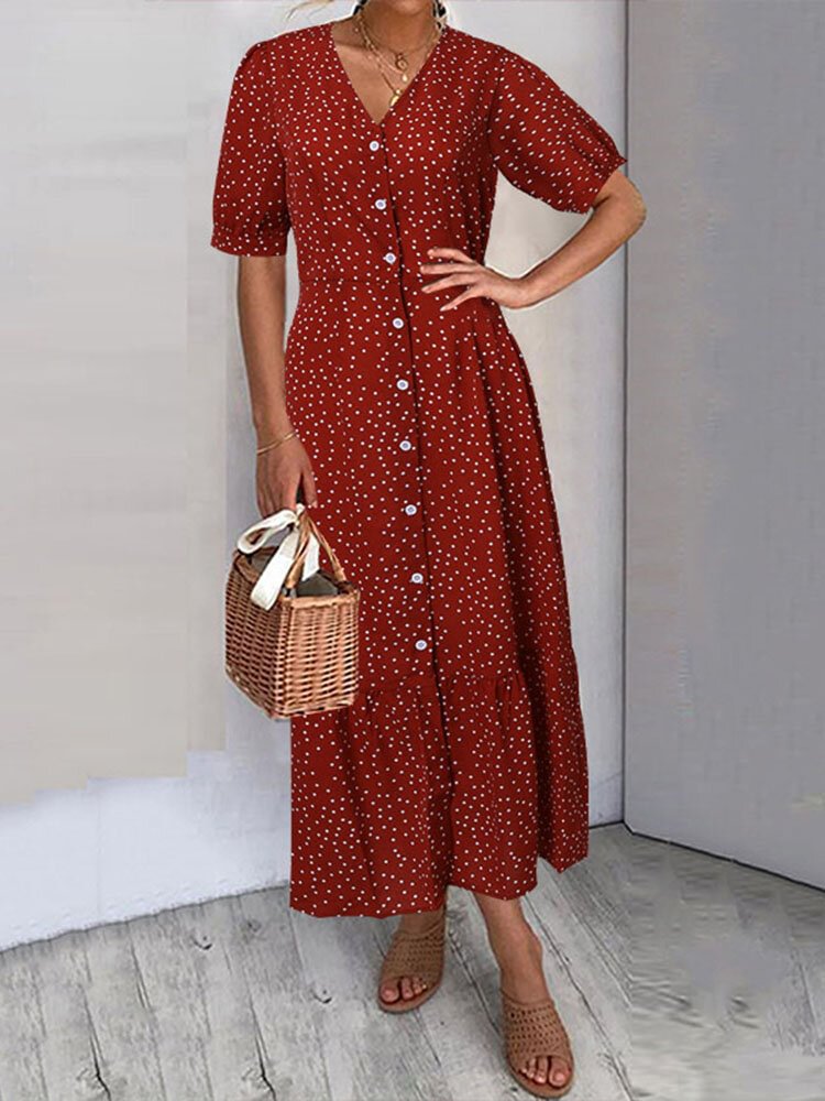 Vintage V-neck Summer Holiday Polka Dot Maxi Dress - Shop Trendy Women's Fashion | TeeYours