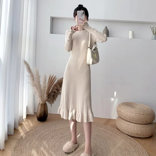 Colourp Winter Elegant Knitted Long Dress for Woman High Waist Black Chic Wool Clothing Female Vestido Mujer Fall 2022 Sweater Dresses