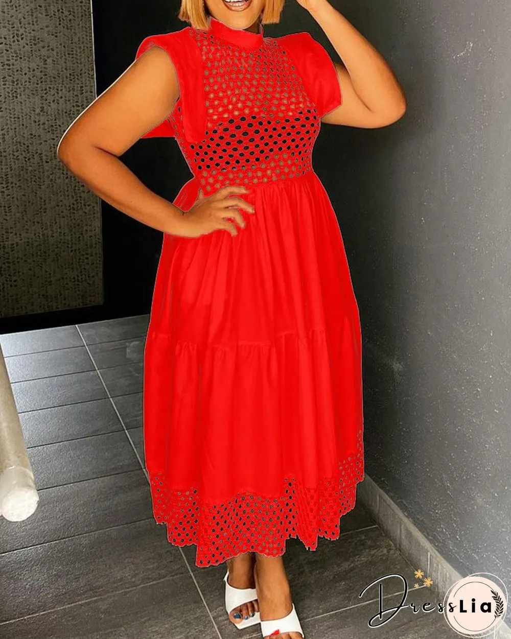 Plus Size Hollow Out Ruched Casual Maxi Dress