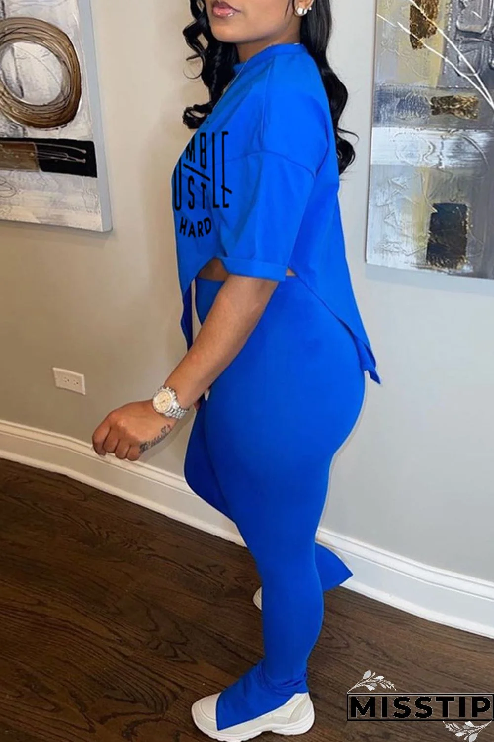 Black Fashion Casual Print Slit Asymmetrical O Neck Short Sleeve Two Pieces