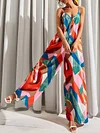 Spaghetti-Neck Contrast Color Backless Loose Jumpsuit