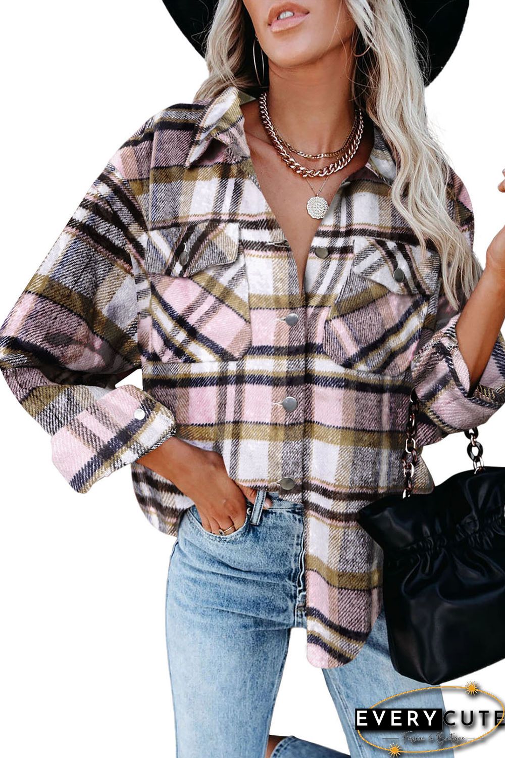 Pink Geometric Plaid Print Pocketed Shirt