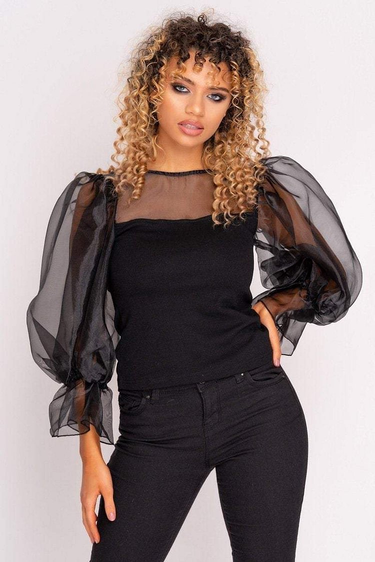 Black Mesh Puff Sleeve Top | Katch Me