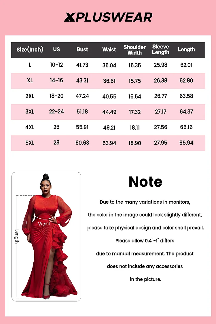 Xpluswear Design Plus Size Formal Red Round Neck Lantern Sleeve Long Sleeve  Ruffle Elegant See Through Tulle Satin Maxi Dresses - Xpluswear.com