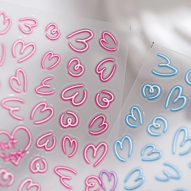 Churchf Nail Art Stickers Adhesive Sliders Pink Blue Heart DIY Line Nail Transfer Decals Foils Wraps Decorations Z0635-Nail Inspo