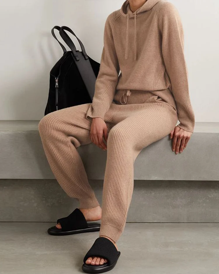 Ribbed Cashmere Track Hooded And Pants Two-Piece Set