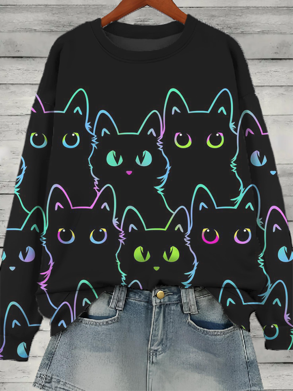 Women's Colorful Line Cats Art Print Casual Sweatshirt