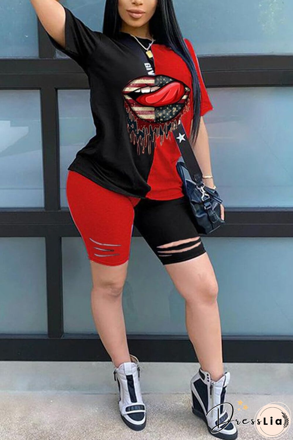 Casual Printed T-Shirt  Patchwork Set