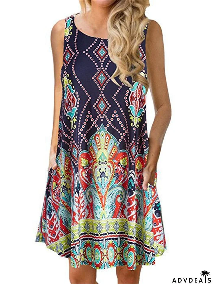 Sleeveless Printed Pullover Round Neck Dresses