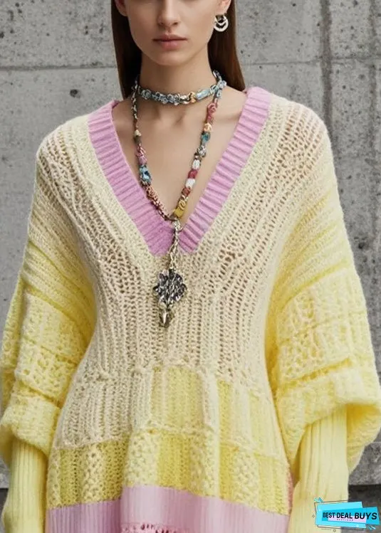 Yellow Patchwork Knitwear Dress V Neck Hollow Out Fall