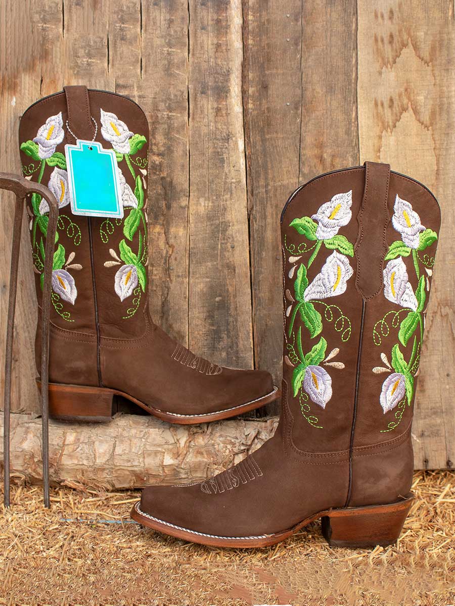 Brown Faux Suede Square Toe Lily Embroidered Pull-On Cowgirl Boots    Nicepairs