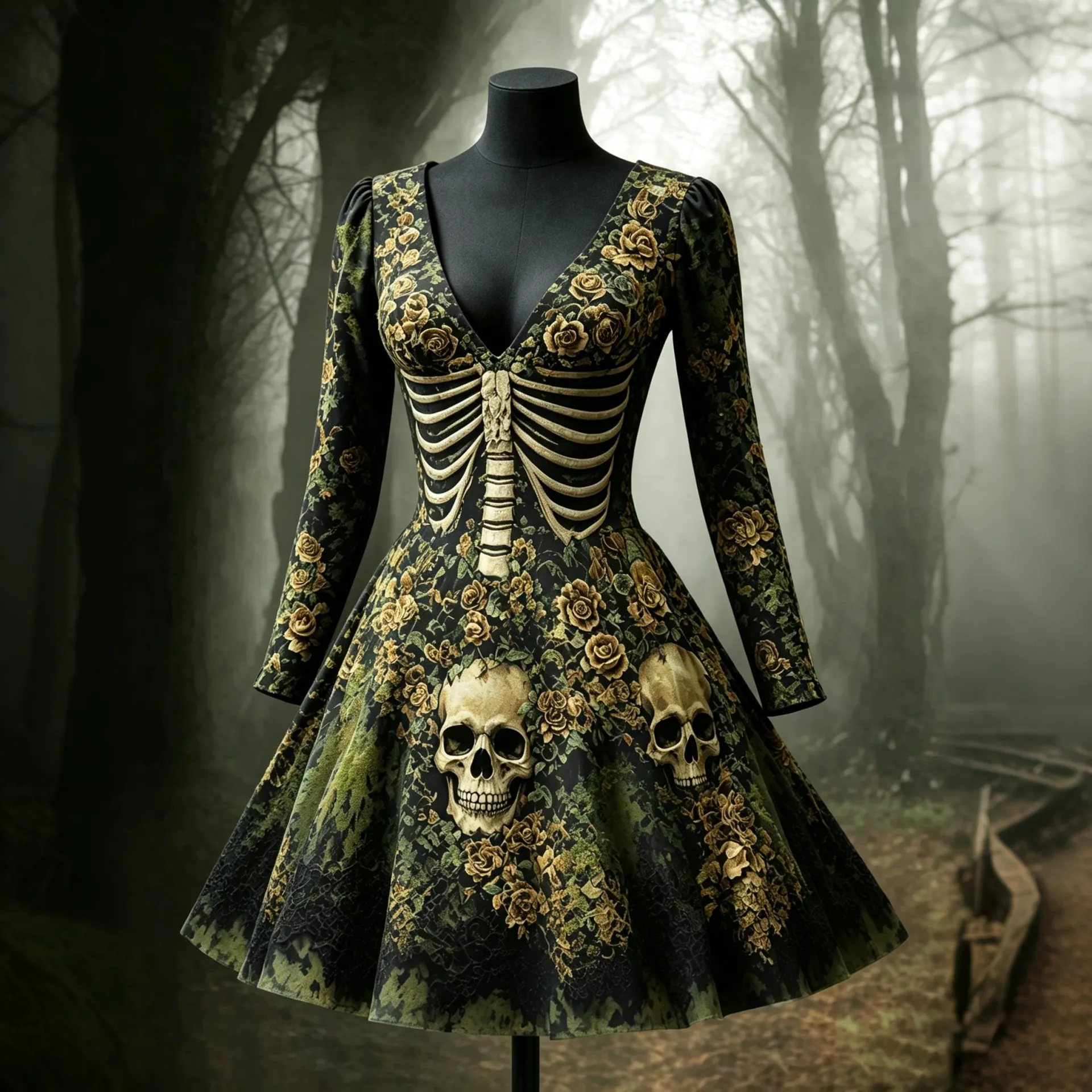 Women's Halloween Skull Flowers Moss Midi Dress artswardrobe