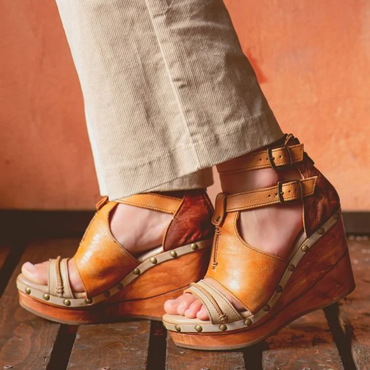 Women'S Open Toe Zipper Sandal Vintage Platform Wedge Heel Studs Shoes |FSJ Shoes