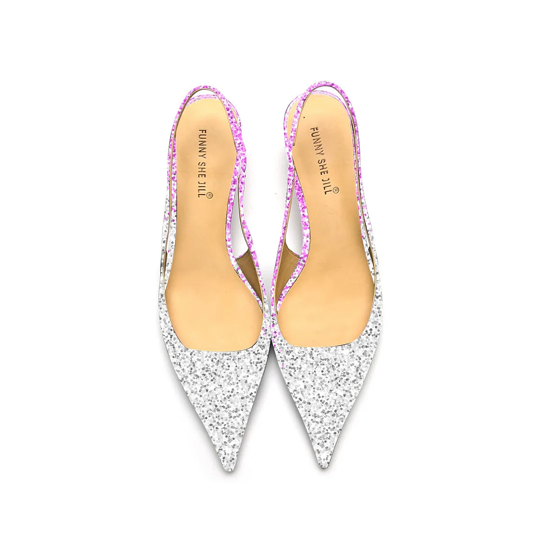 Glitter Pointed Toe Sparkling Silver And Pink Slingback Kitten Heel Pump For Women Nicepairs