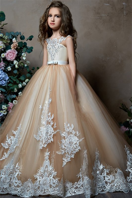 Luluslly Cap Sleeves Tulle Flower Girl Dress Ball Gown With Appliques